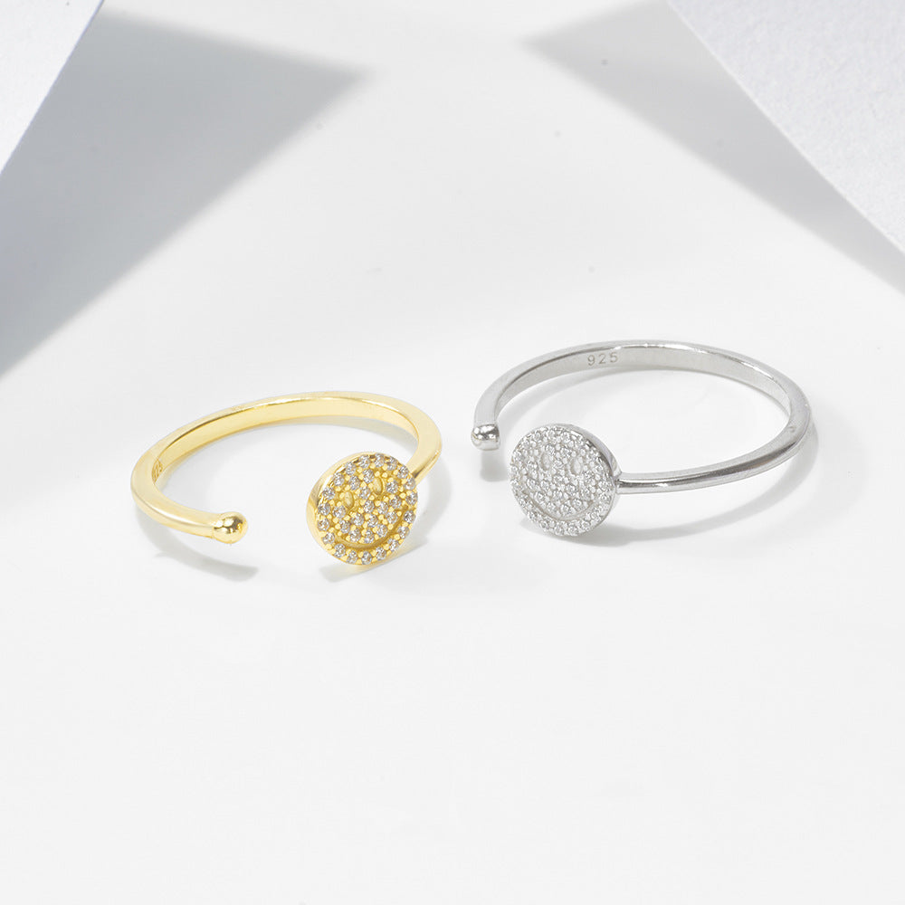 S925 Silver Modern Sparkling Smiley Ring - Adjustable High-End Aesthetic Band