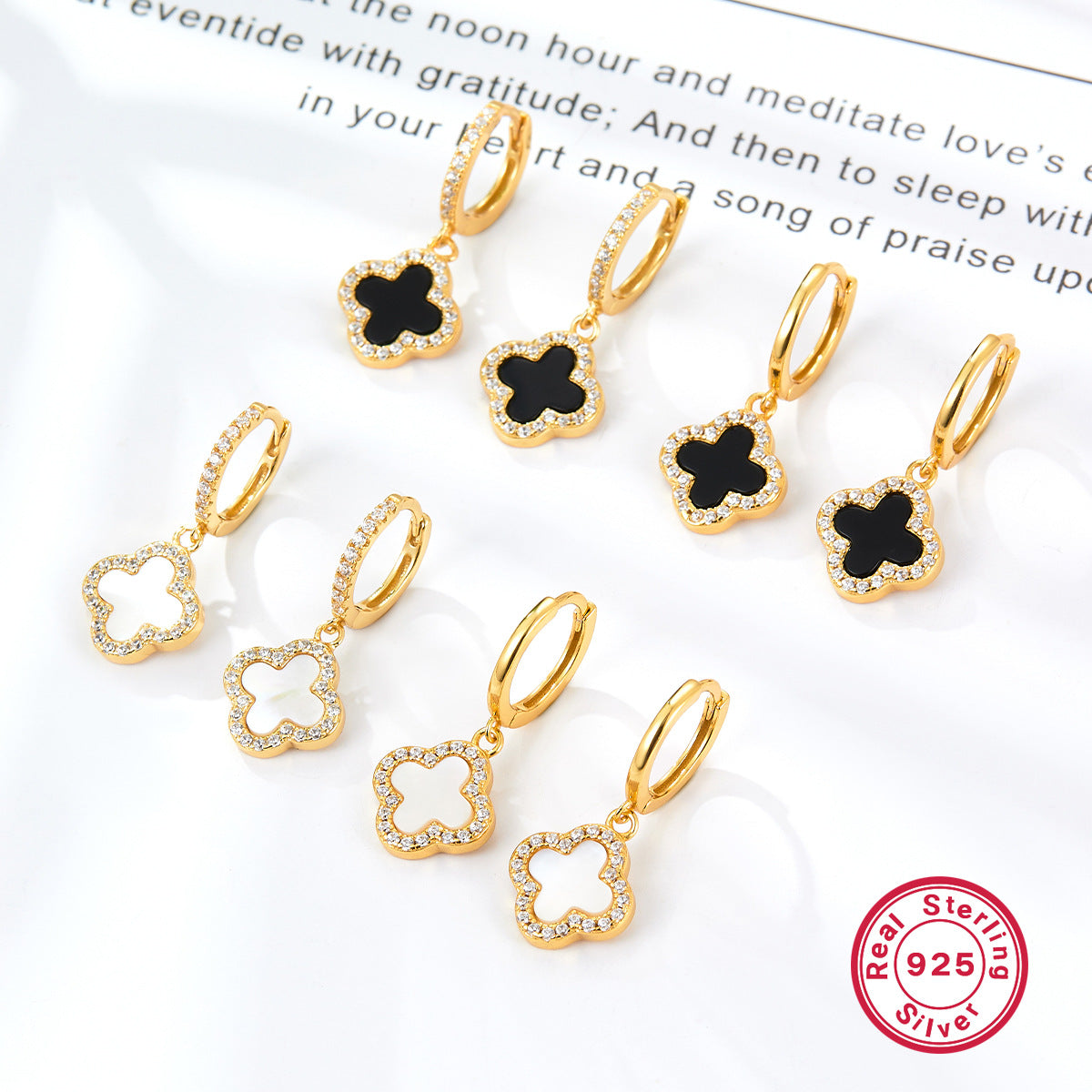 Four Leaf Clover Necklace & Earrings Set - Sterling Silver Black Agate Jewelry Gift