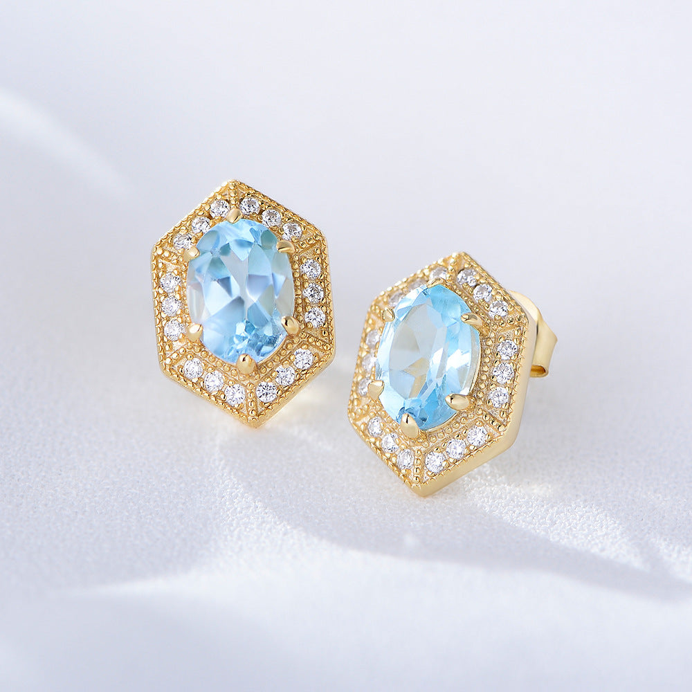 925 Sterling Silver Geometric Sky Blue Topaz Stud Earrings, Minimalist High-End Jewelry