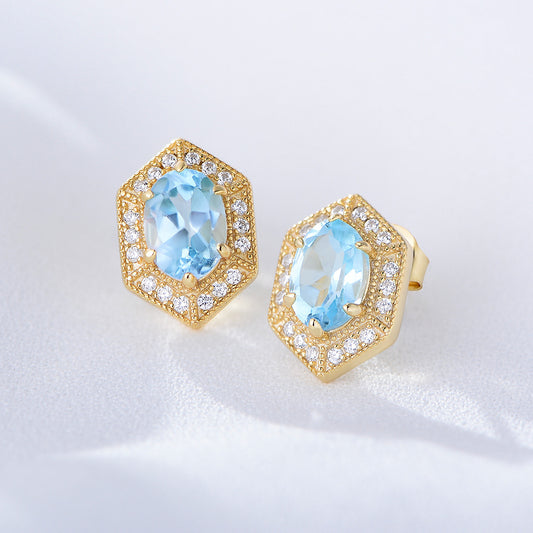 925 Sterling Silver Geometric Sky Blue Topaz Stud Earrings, Minimalist High-End Jewelry