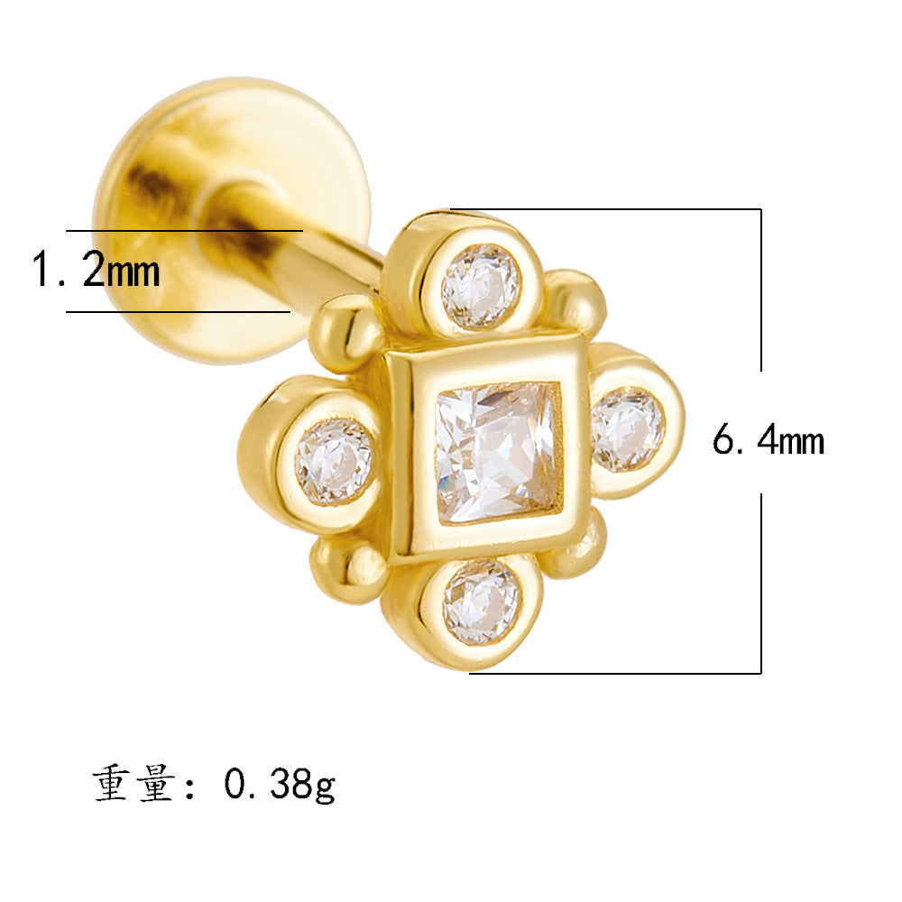 925 Sterling Silver Geometric Opal Labret Stud, Threaded Cartilage Piercing High-End Trendy Jewelry