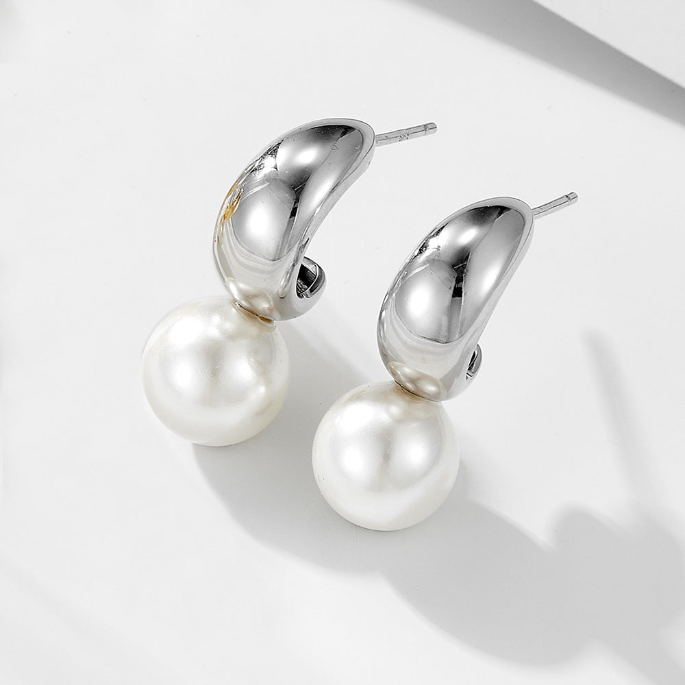 Sterling Silver Unique C-Shape Pearl Studs for Women, Luxury Vintage Ins Style