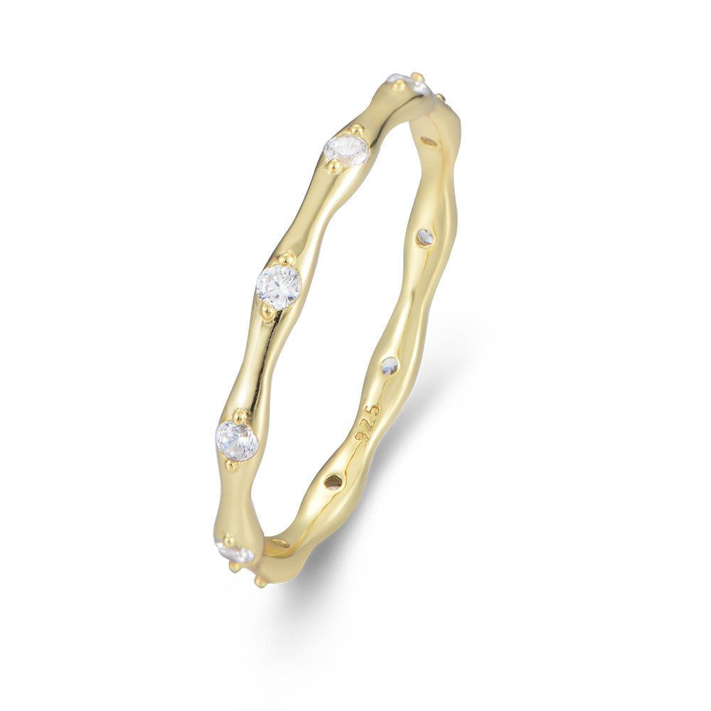 925 Sterling Silver Geometric Bamboo Joint Ring, Minimalist Zirconia High-End Jewelry