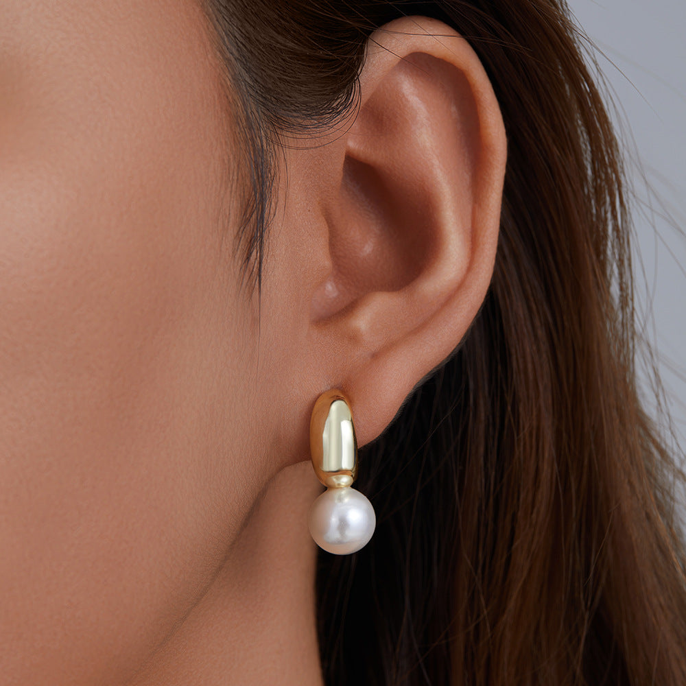 Sterling Silver Unique C-Shape Pearl Studs for Women, Luxury Vintage Ins Style