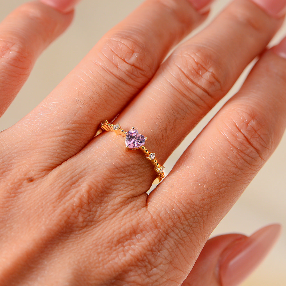 925 Sterling Silver Pink Heart Zirconia Open Ring, Dainty Romantic Aesthetic Adjustable Jewelry