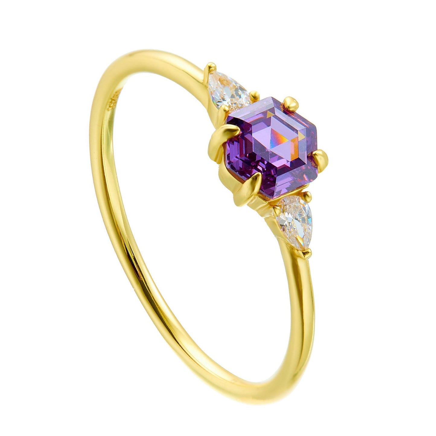 925 Sterling Silver Hexagon Purple Zirconia Ring, Minimalist High-End Geometric Jewelry