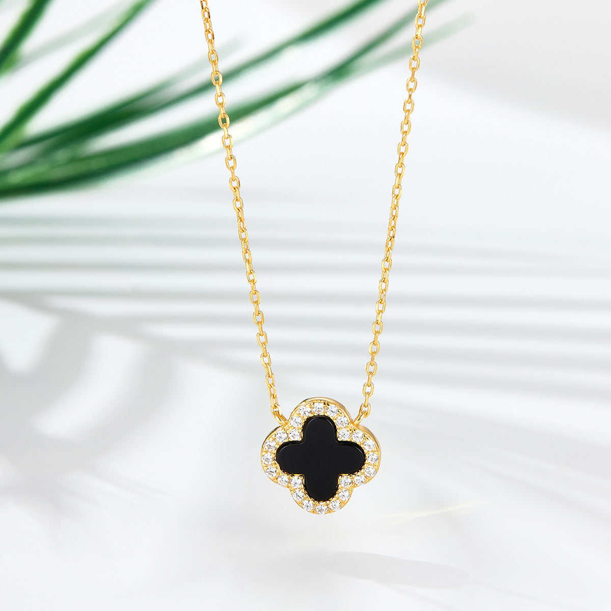 Four Leaf Clover Necklace & Earrings Set - Sterling Silver Black Agate Jewelry Gift