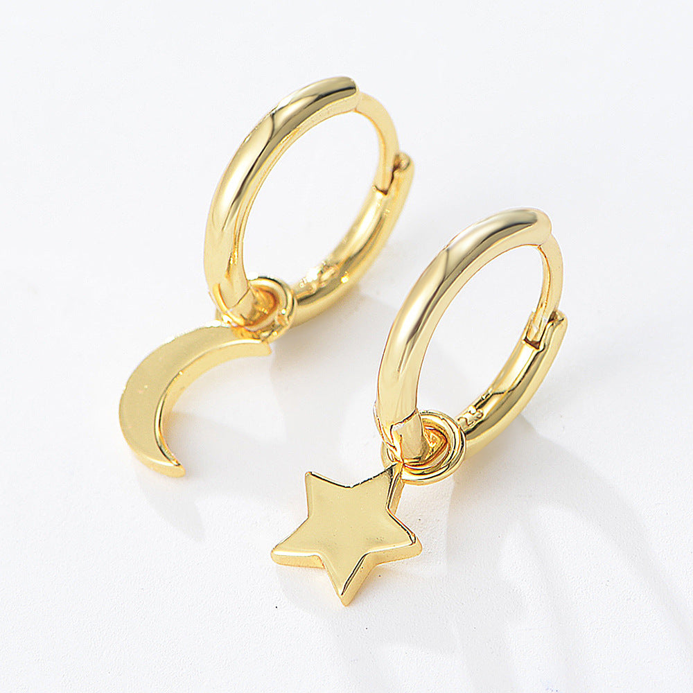 925 Sterling Silver Asymmetric Star and Moon Drop Earrings, Gold-Plated Trendy Aesthetic Jewelry