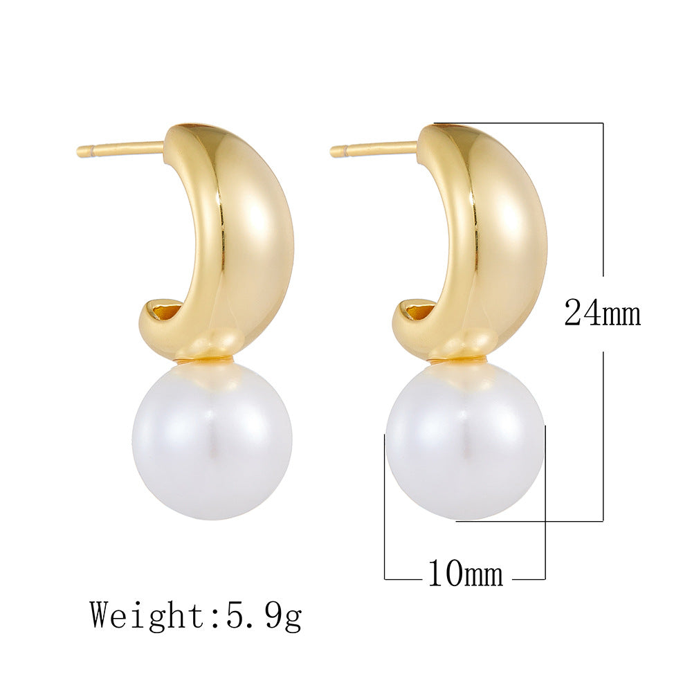 Sterling Silver Unique C-Shape Pearl Studs for Women, Luxury Vintage Ins Style