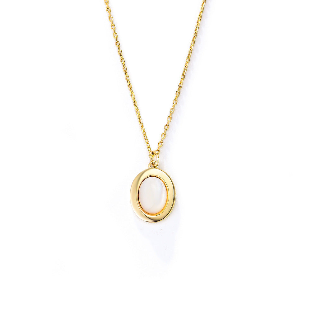 925 Sterling Silver Natural White Mother of Pearl Oval Necklace, Vintage Jewelry