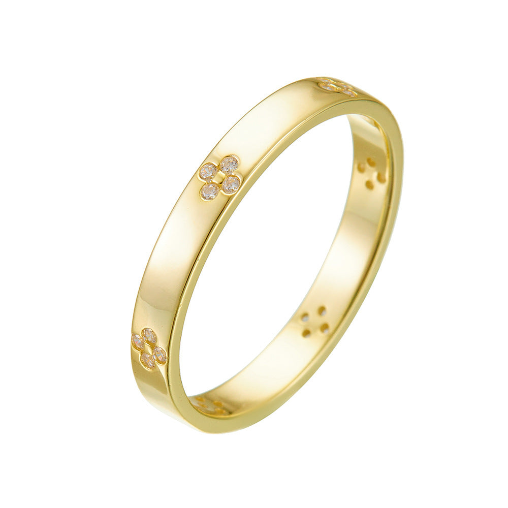 925 Sterling Silver Four-Leaf Clover Pave Zirconia Ring, Minimalist High-End Design Jewelry
