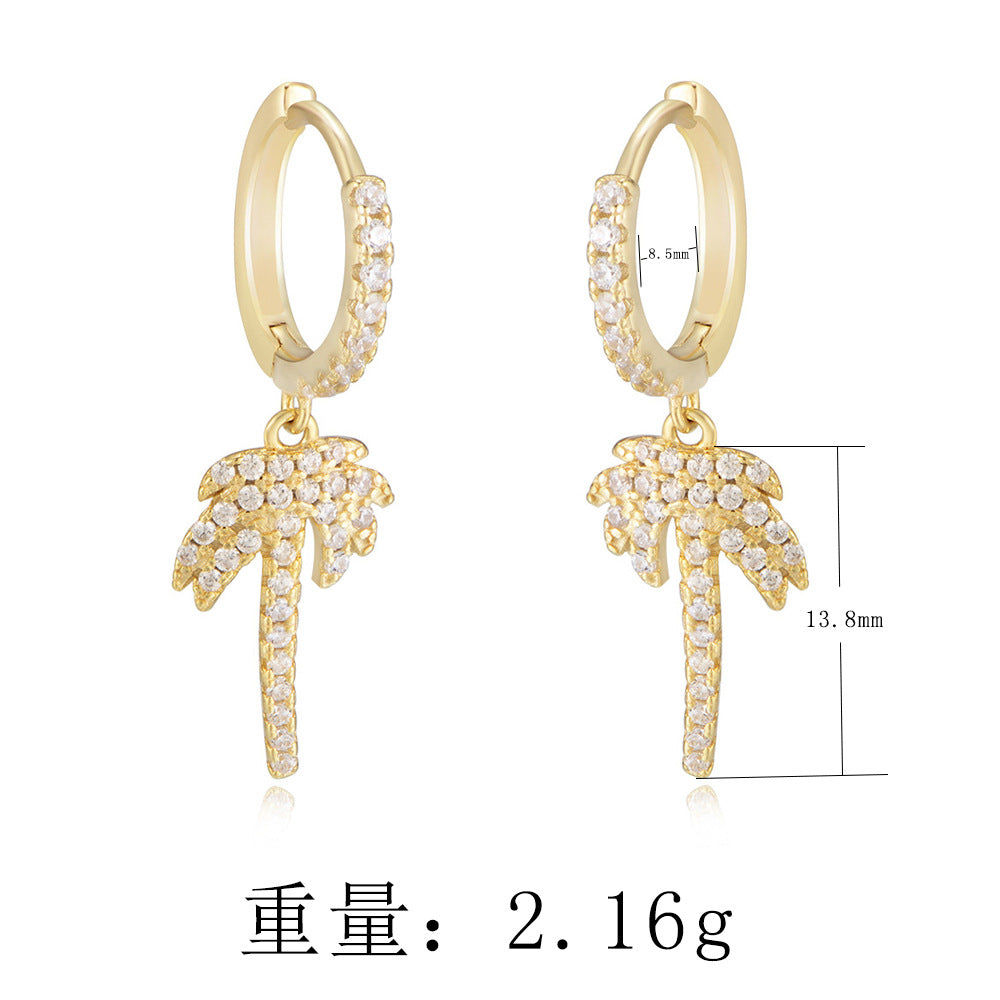 925 Sterling Silver Palm Tree Huggie Hoop Earrings, Zirconia Jewelry