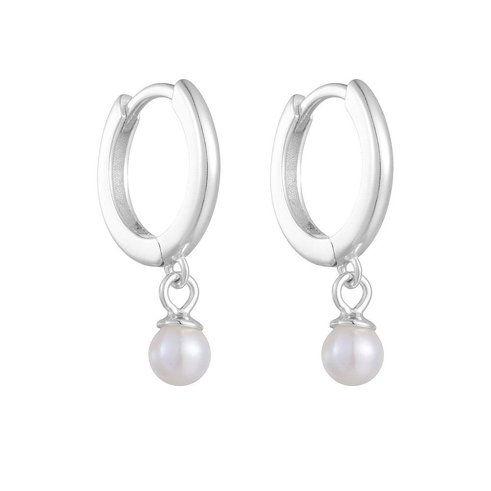 925 Silver Elegant Pearl Huggie Earrings - High-End French Vintage Style