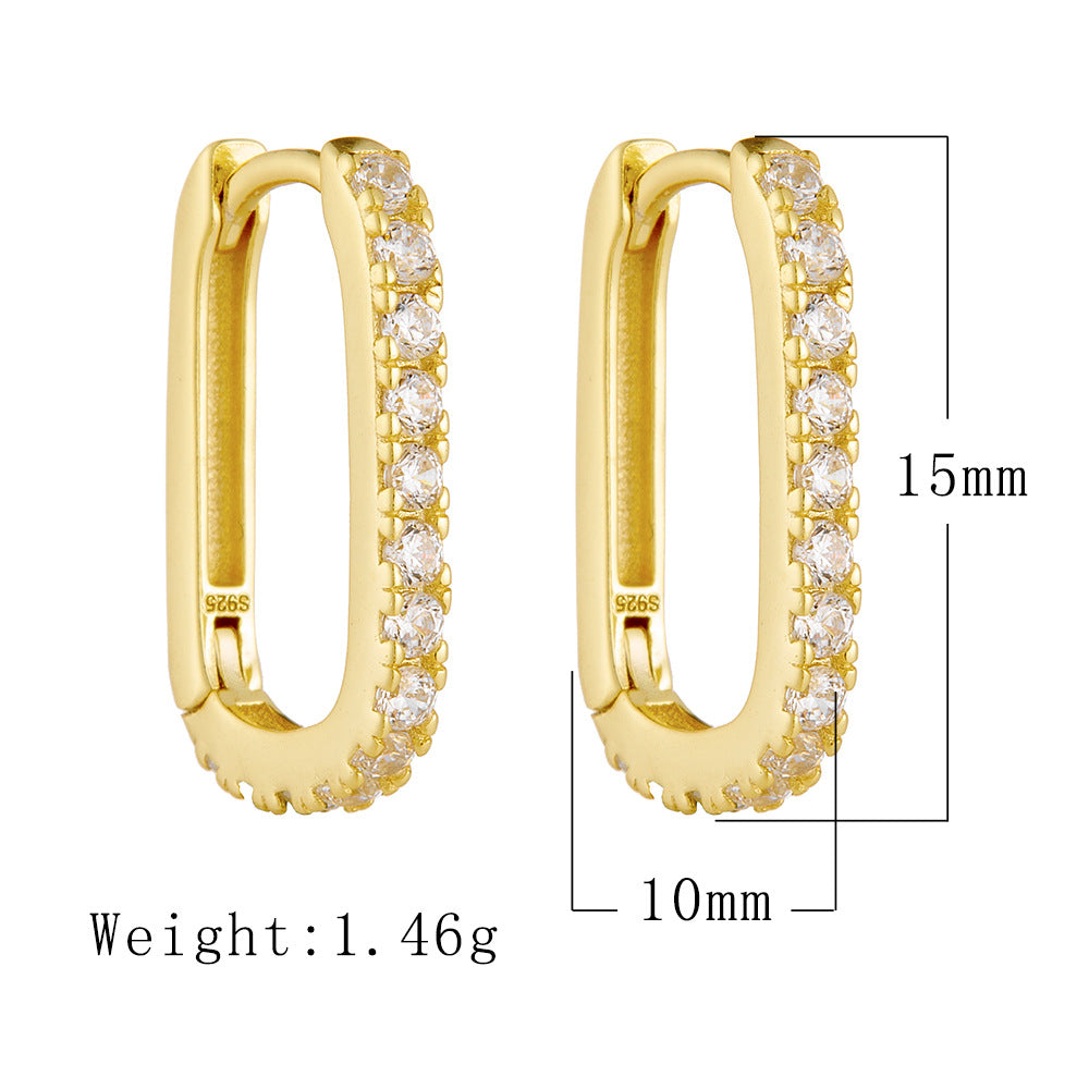 925 Sterling Silver Oval Zirconia Hoop Earrings, High-End Fashion Huggie Jewelry