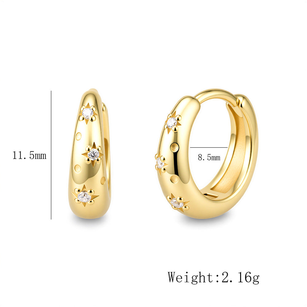 925 Sterling Silver Wide Band Metallic Hoop Earrings, Minimalist Pave Zirconia Light Luxury Jewelry