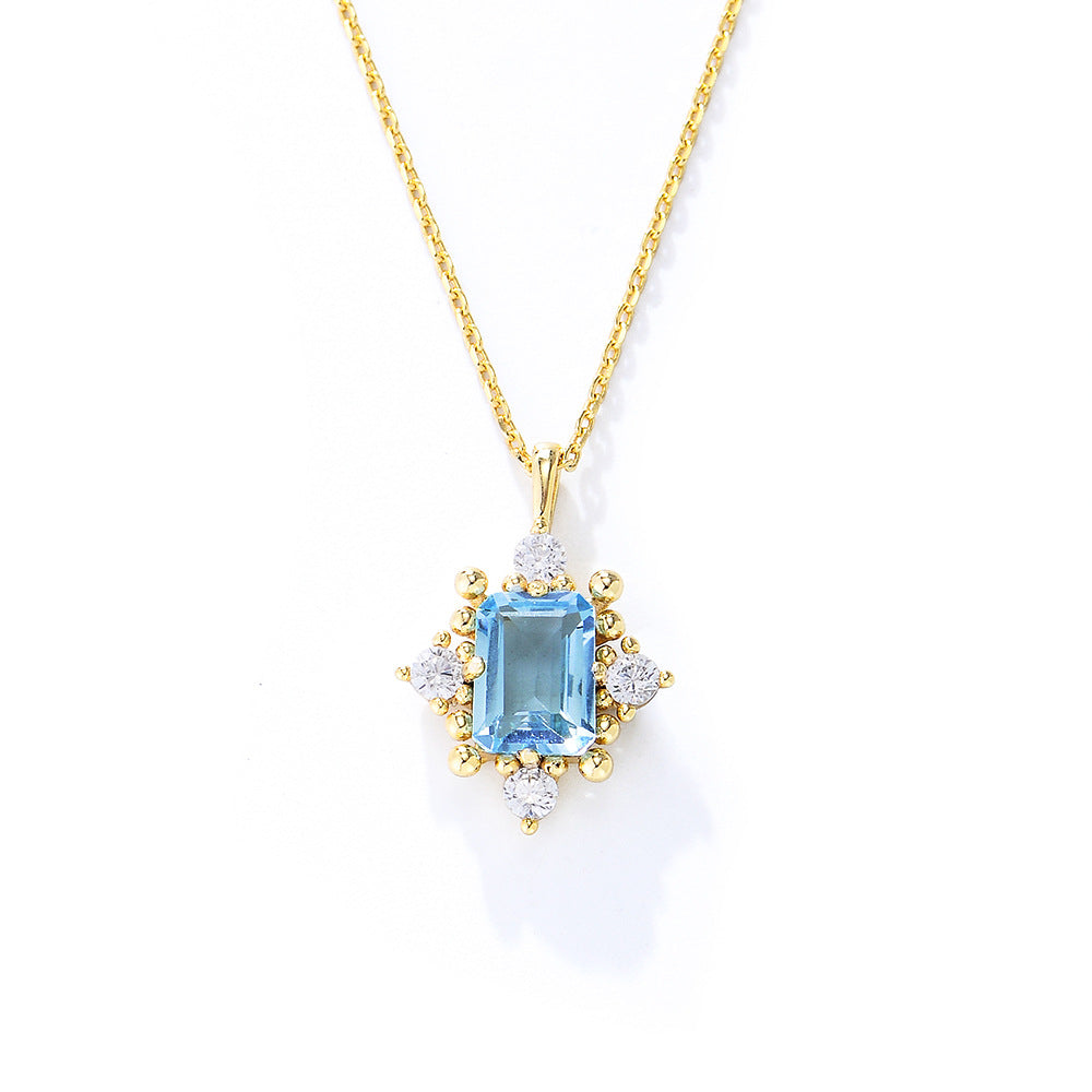 925 Sterling Silver Natural Sky Blue Topaz Necklace, Vintage Light Luxury Design Jewelry
