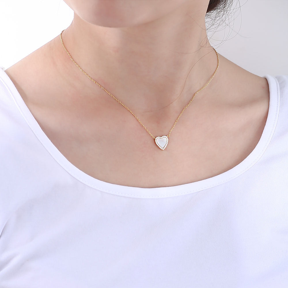 925 Sterling Silver Heart Shell Pendant Necklace, Sparkling Zirconia Jewelry