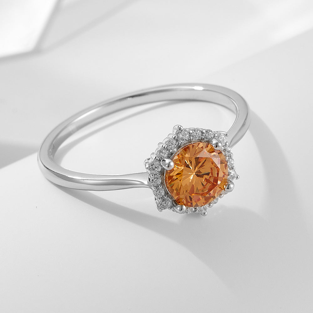 925 Sterling Silver Champagne Zirconia Ring, Minimalist High-End Engagement Jewelry