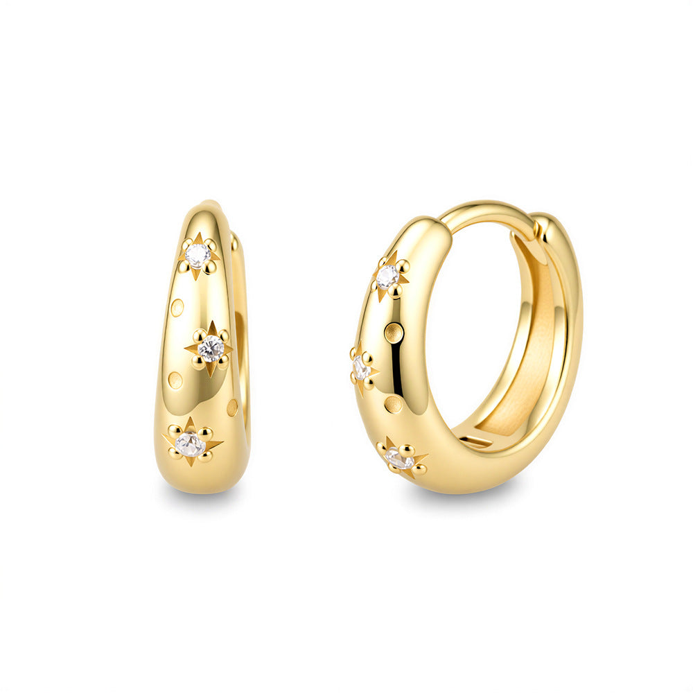 925 Sterling Silver Wide Band Metallic Hoop Earrings, Minimalist Pave Zirconia Light Luxury Jewelry
