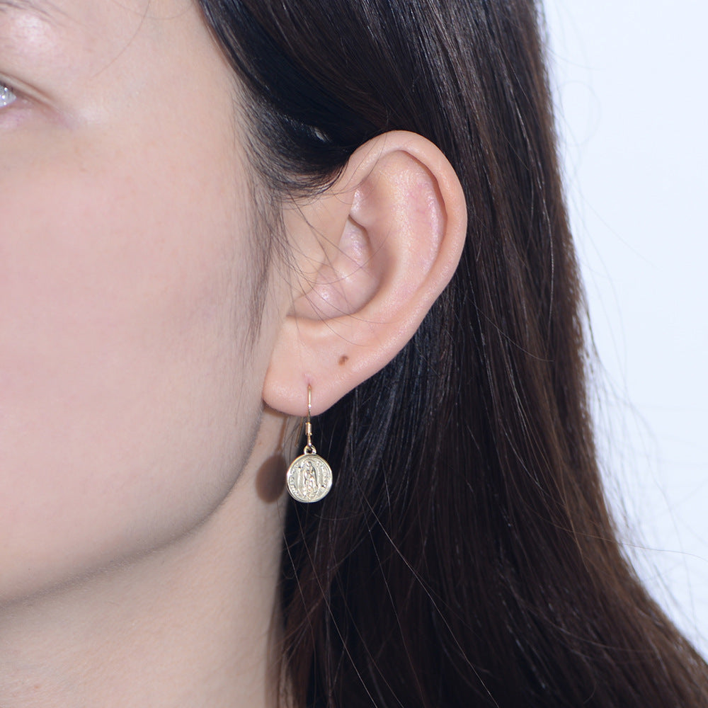 925 Sterling Silver Virgin Mary Coin Drop Earrings, Vintage European & American Style Jewelry
