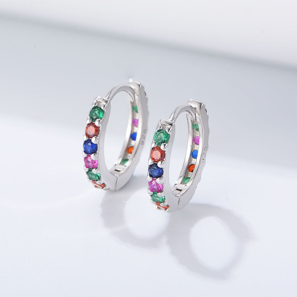 925 Sterling Silver Rainbow Zirconia Huggie Hoop Earrings