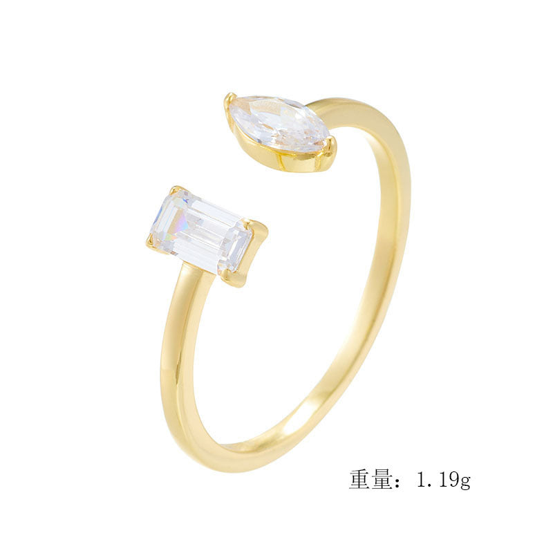 925 Sterling Silver Zirconia Open Ring, Light Luxury Geometric Ins Style Adjustable Jewelry