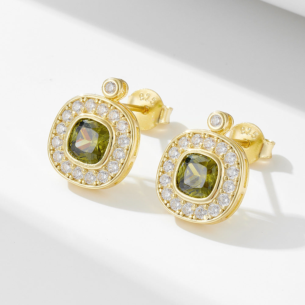 925 Sterling Silver Vintage Olive Green Zirconia Stud Earrings, Minimalist Geometric Jewelry