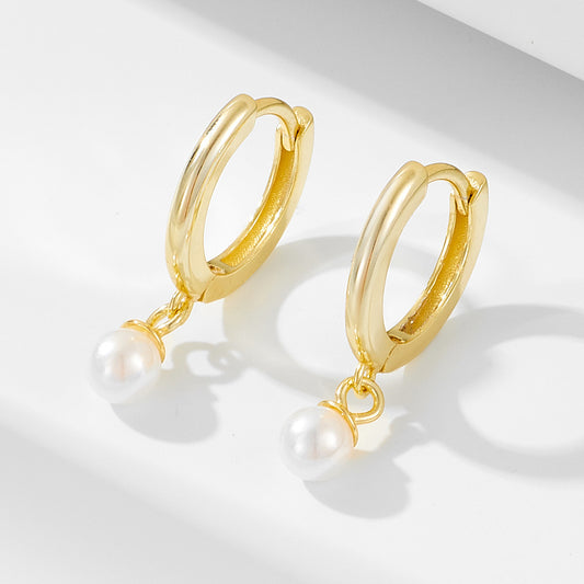 925 Silver Elegant Pearl Huggie Earrings - High-End French Vintage Style