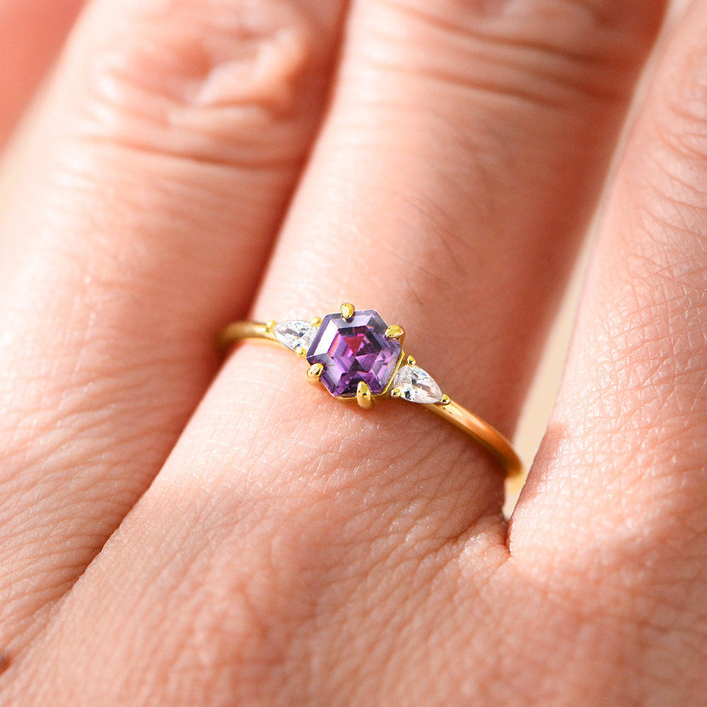 925 Sterling Silver Hexagon Purple Zirconia Ring, Minimalist High-End Geometric Jewelry