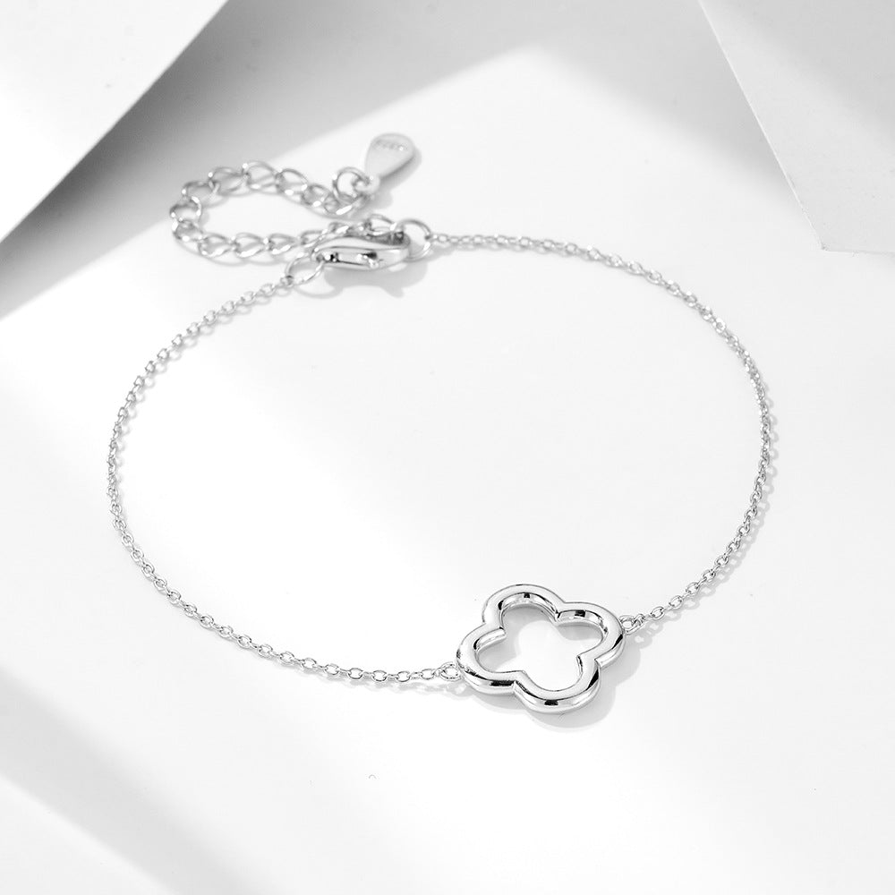 Sterling Silver Dainty Hollow Leaf Clover Link Bracelet for Women, Versatile Aesthetic Accessory