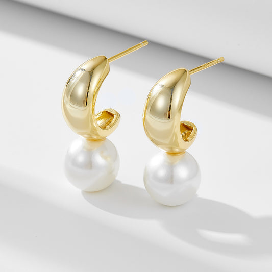 Sterling Silver Unique C-Shape Pearl Studs for Women, Luxury Vintage Ins Style
