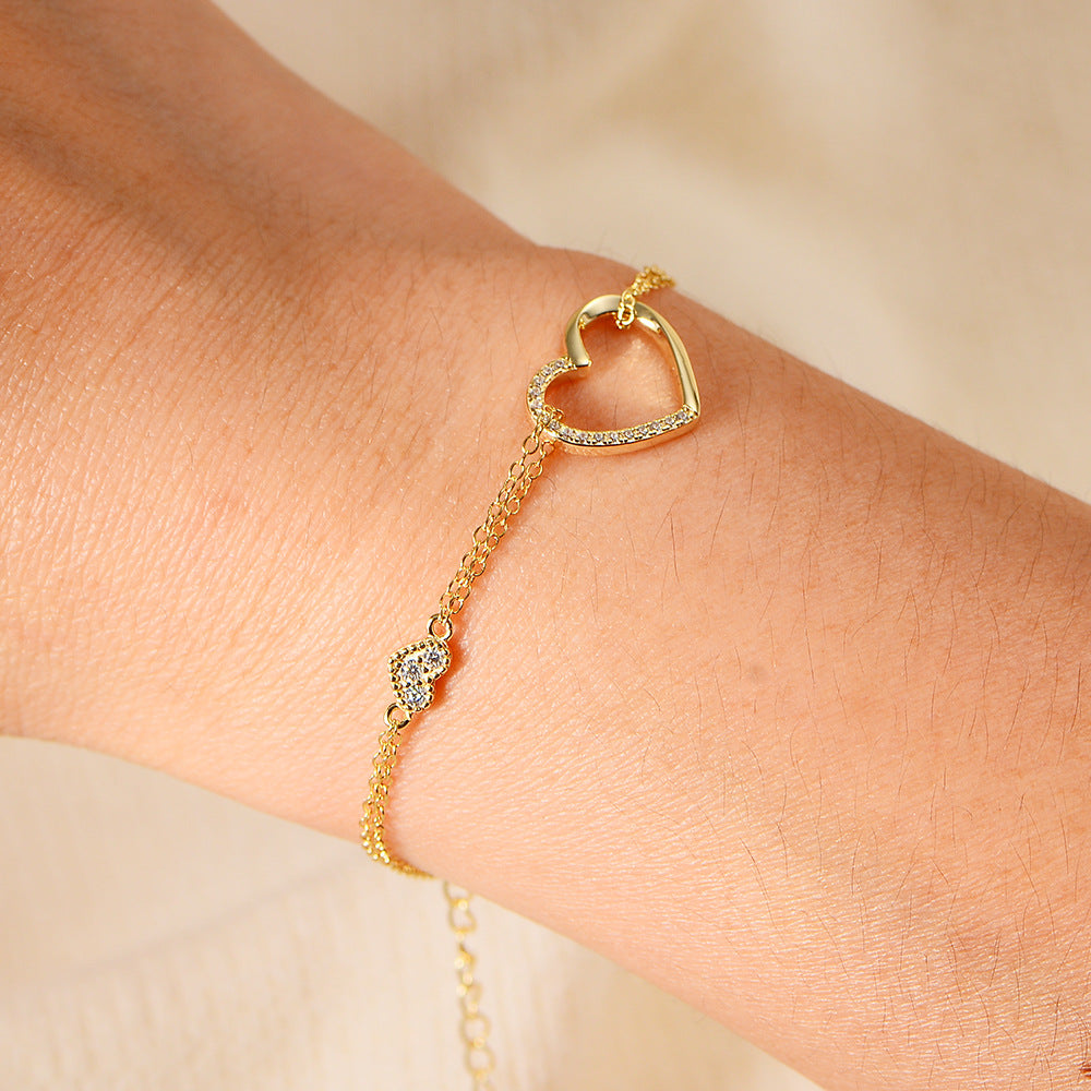 925 Sterling Silver Double-Layer Heart Link Bracelet, Sparkling Zirconia Jewelry