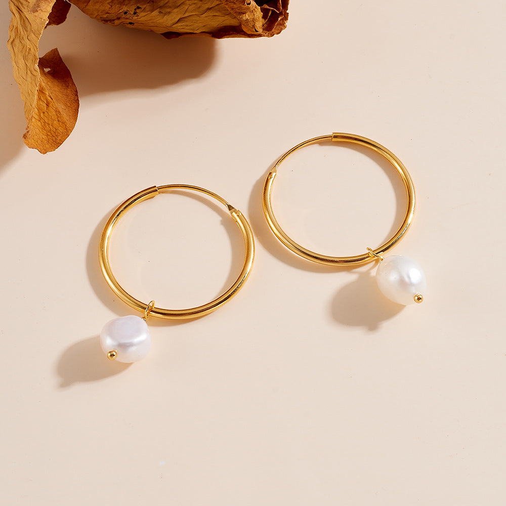 925 Sterling Silver Natural Freshwater Pearl Hoop Earrings, Minimalist High-End Vintage Jewelry