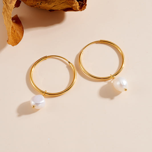 925 Sterling Silver Natural Freshwater Pearl Hoop Earrings, Minimalist High-End Vintage Jewelry