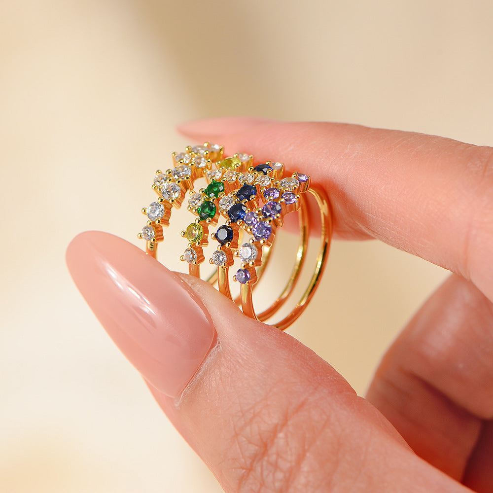 925 Sterling Silver Minimalist Colorful Zirconia Ring, Japanese Style Light Luxury Stackable Jewelry