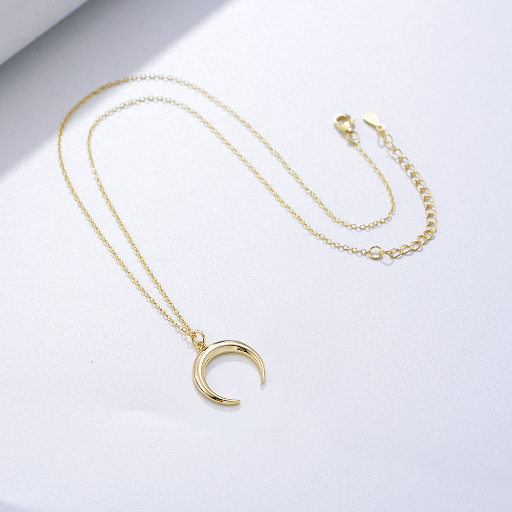 925 Sterling Silver Crescent Moon Necklace, Vintage Horn Pendant