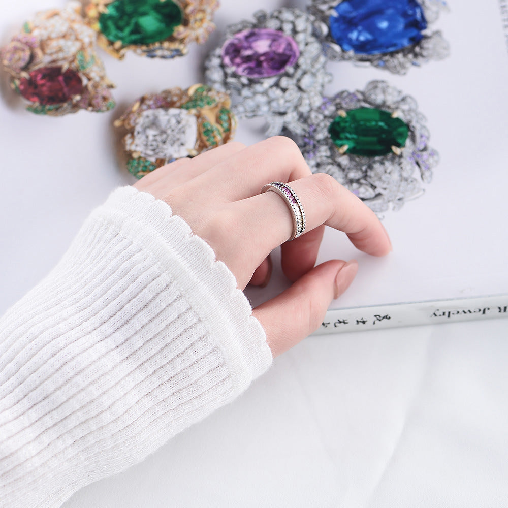925 Sterling Silver Rainbow Zirconia Ring, Square Cut Crystal Band