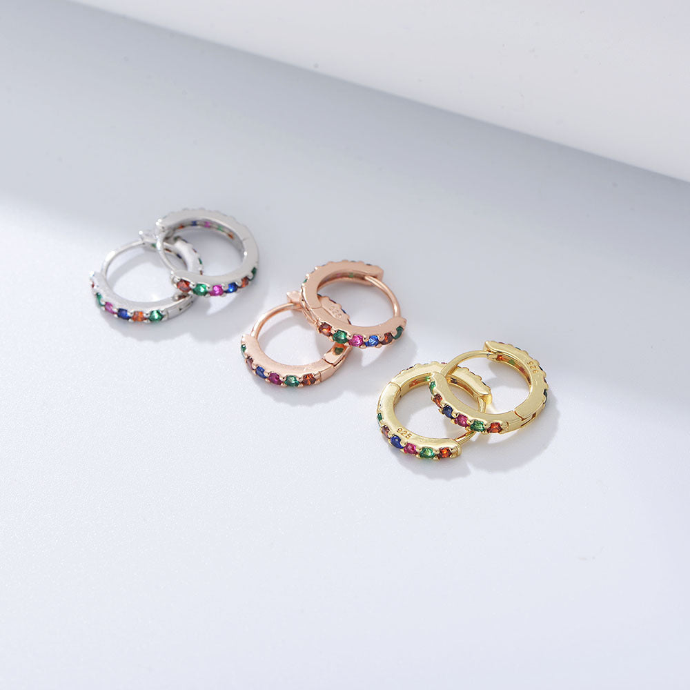 925 Sterling Silver Rainbow Zirconia Huggie Hoop Earrings