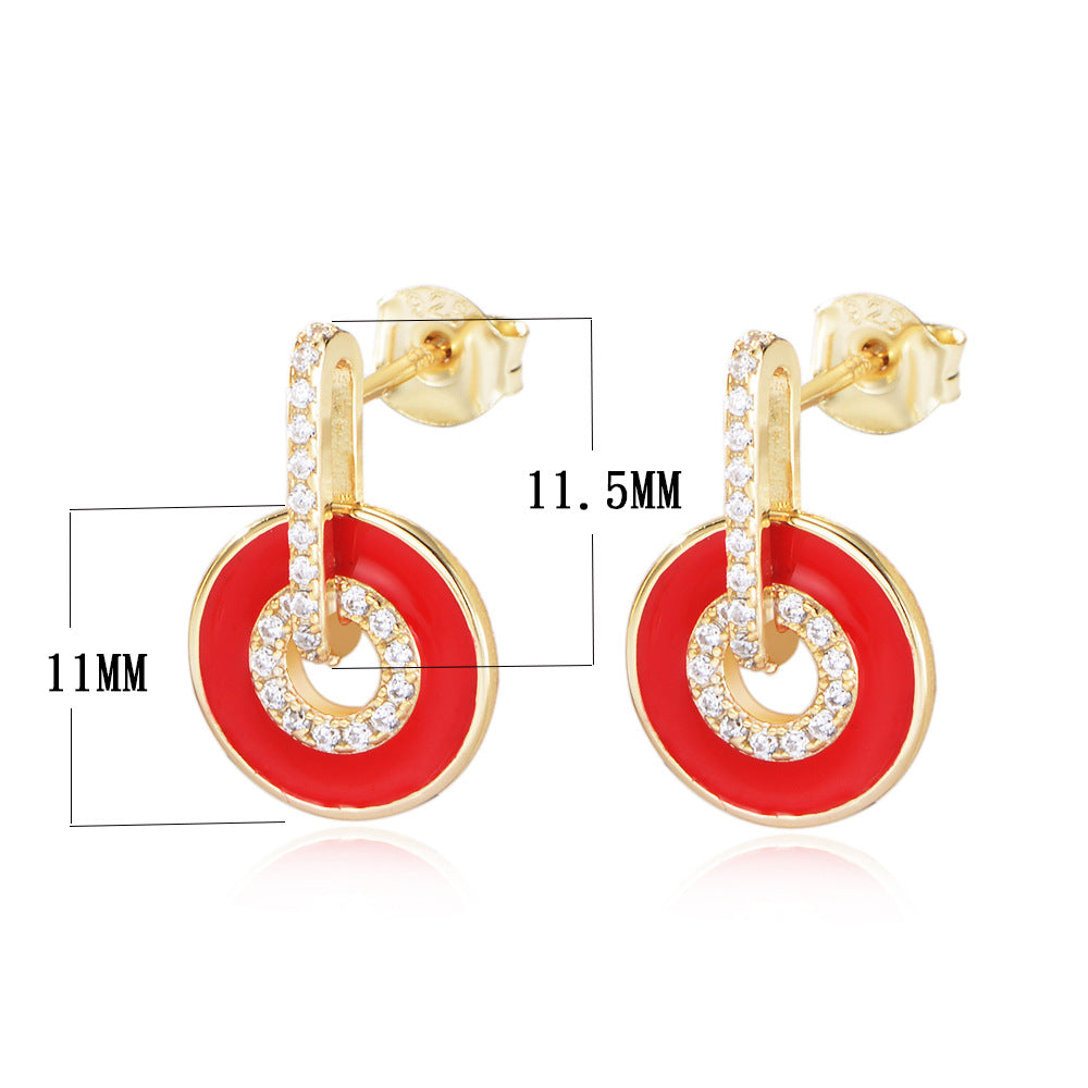 925 Sterling Silver Enamel Hoop Earrings, Pave Zirconia Geometric Studs