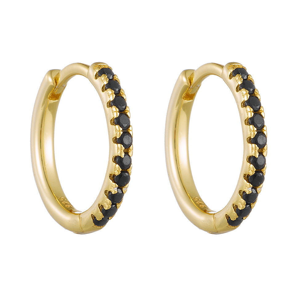 925 Sterling Silver Micro-Pave Black Zirconia Round Hoop Earrings, Minimalist Geometric Jewelry