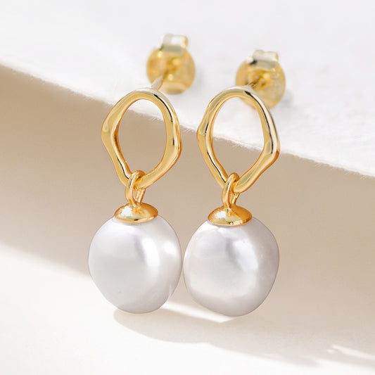 925 Sterling Silver Geometric Hollow-Out Baroque Pearl Stud Earrings, Minimalist High-End Jewelry