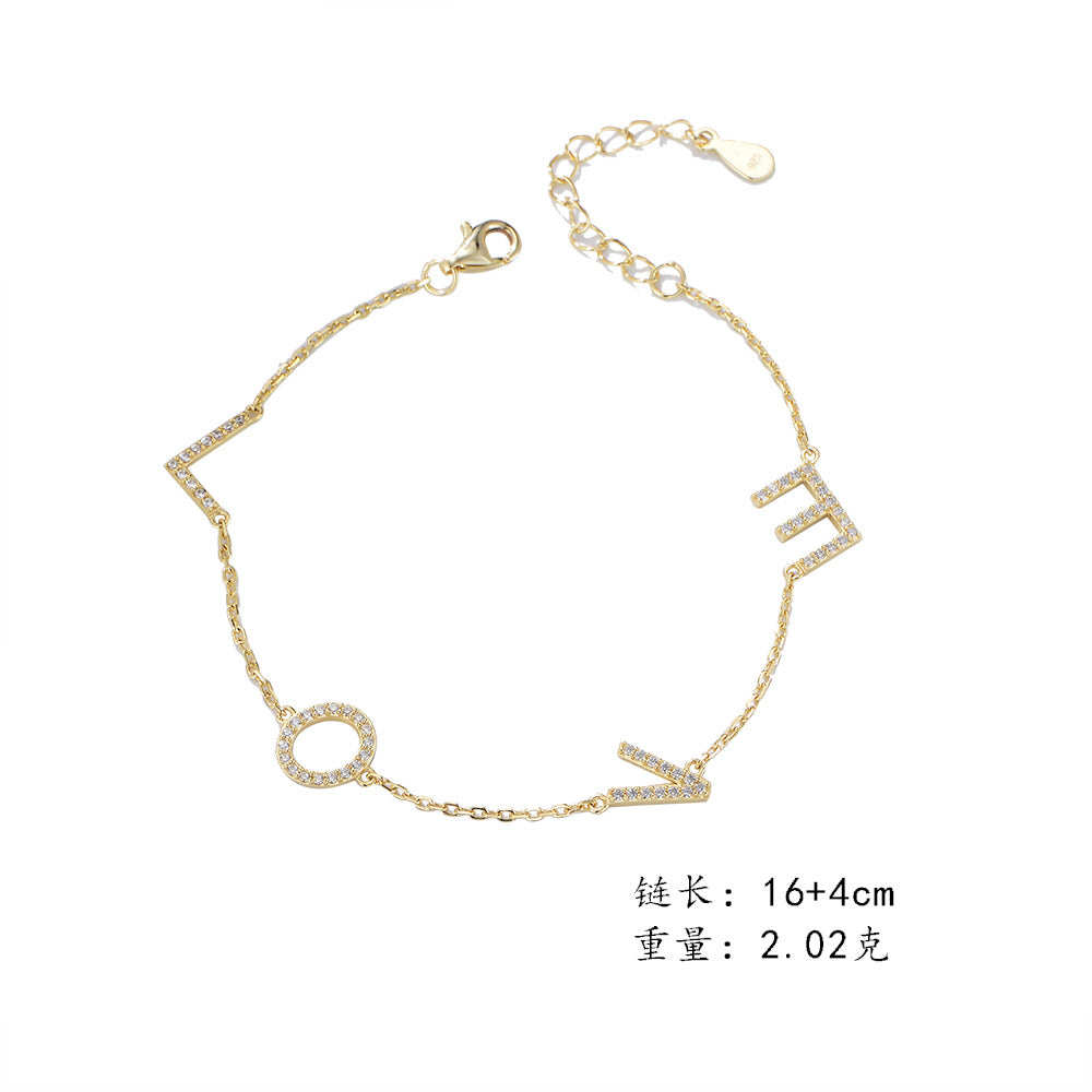 925 Sterling Silver LOVE Letter Bracelet, Sparkling Zirconia Jewelry
