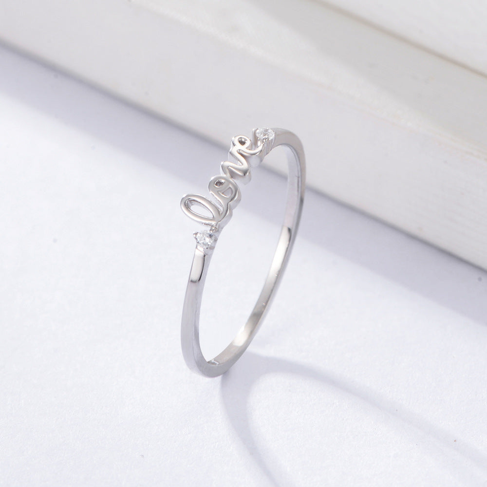 925 Sterling Silver LOVE Letter Ring, Sparkling Zirconia Band