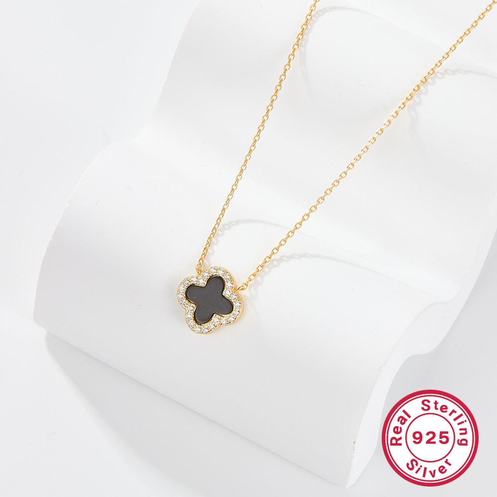 925 Sterling Silver Four-Leaf Clover Necklace | Zircon Inlaid Light Luxury Clavicle Chain for Women, Cross-Border Wholesale