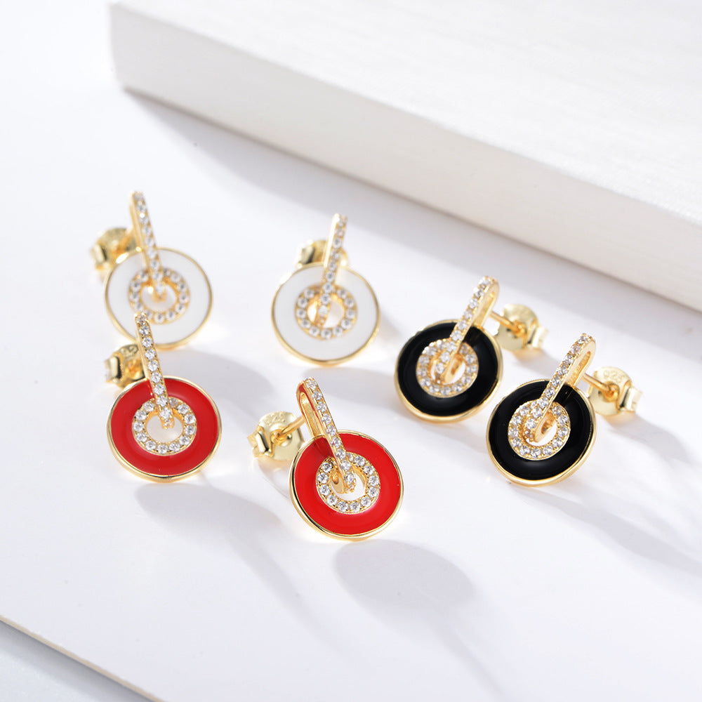 925 Sterling Silver Enamel Hoop Earrings, Pave Zirconia Geometric Studs