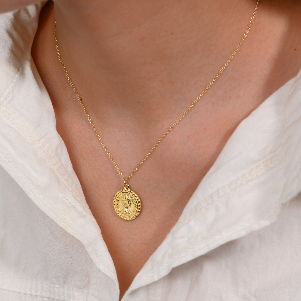 Sterling Silver Elegant Queen Portrait Coin Necklace for Women, Versatile Aesthetic Accessory