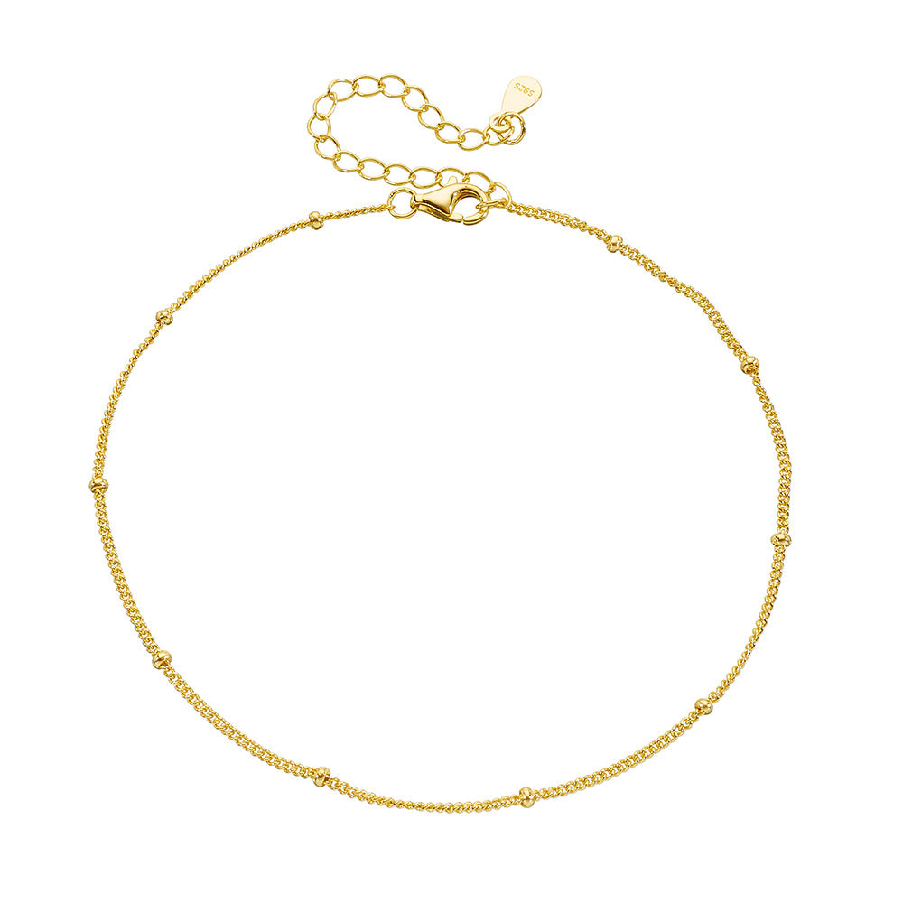 925 Sterling Silver 14K Gold Plated Tiny Bead Anklet, Retro Classic Minimalist Foot Jewelry