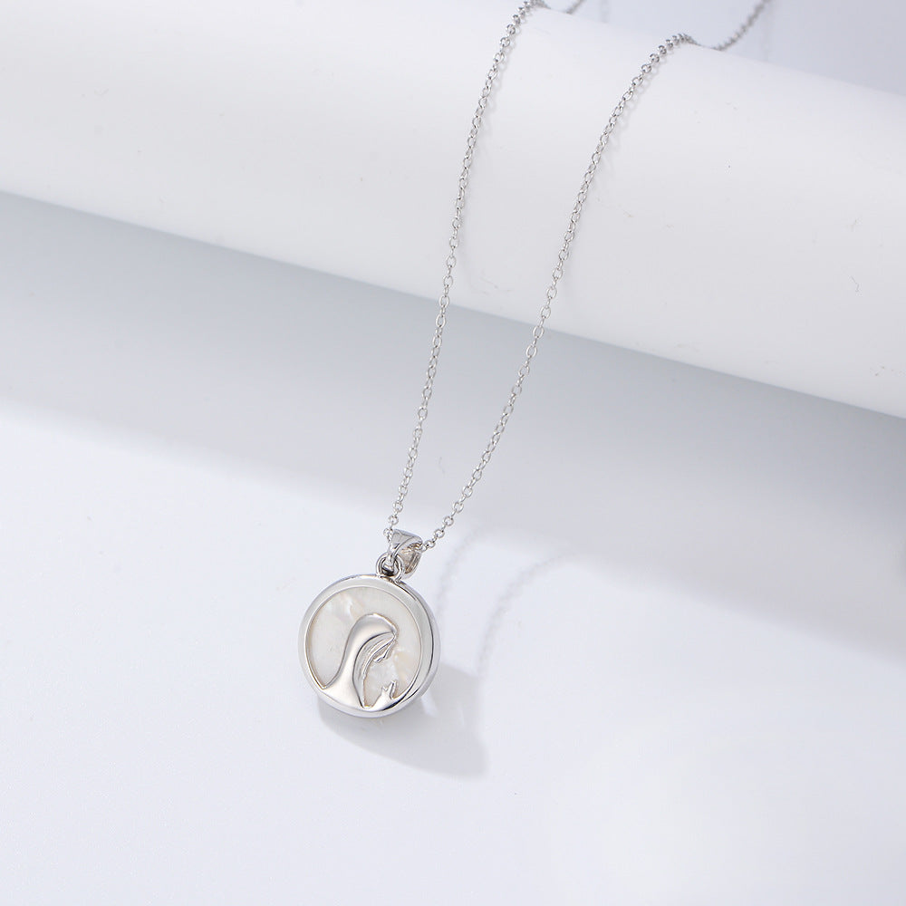 S925 Silver Mother of Pearl Virgin Mary Portrait Pendant - Modern Retro Religious Aesthetic Chain