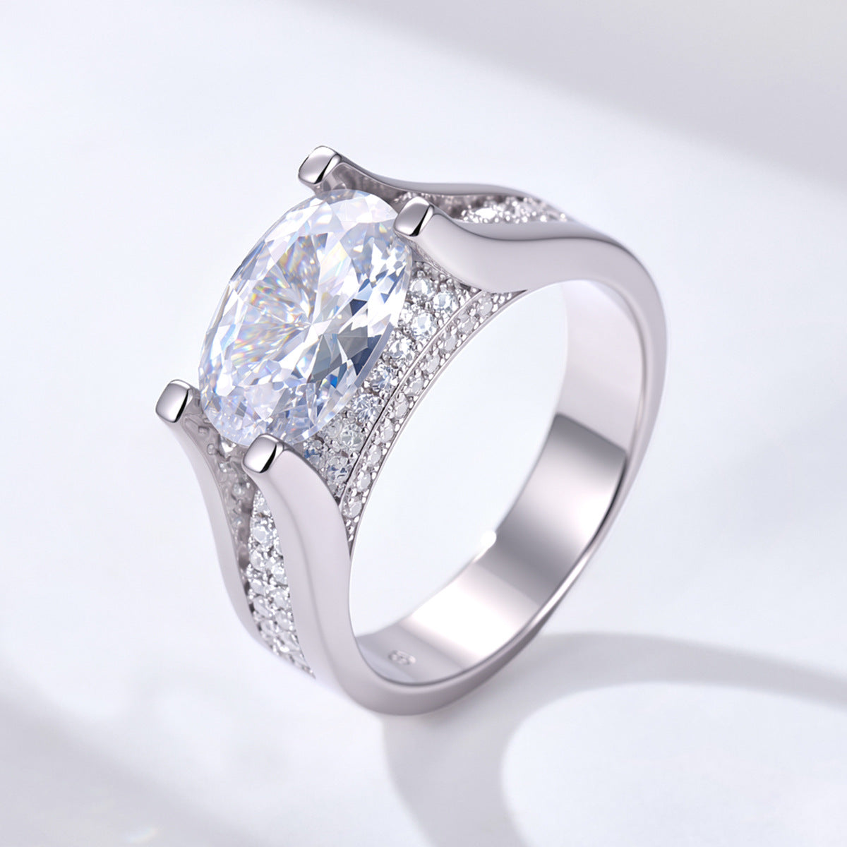 925 Sterling Silver 4.5 Carat Oval 5A Zirconia Ring, High-End Wide Band Hot Selling Jewelry