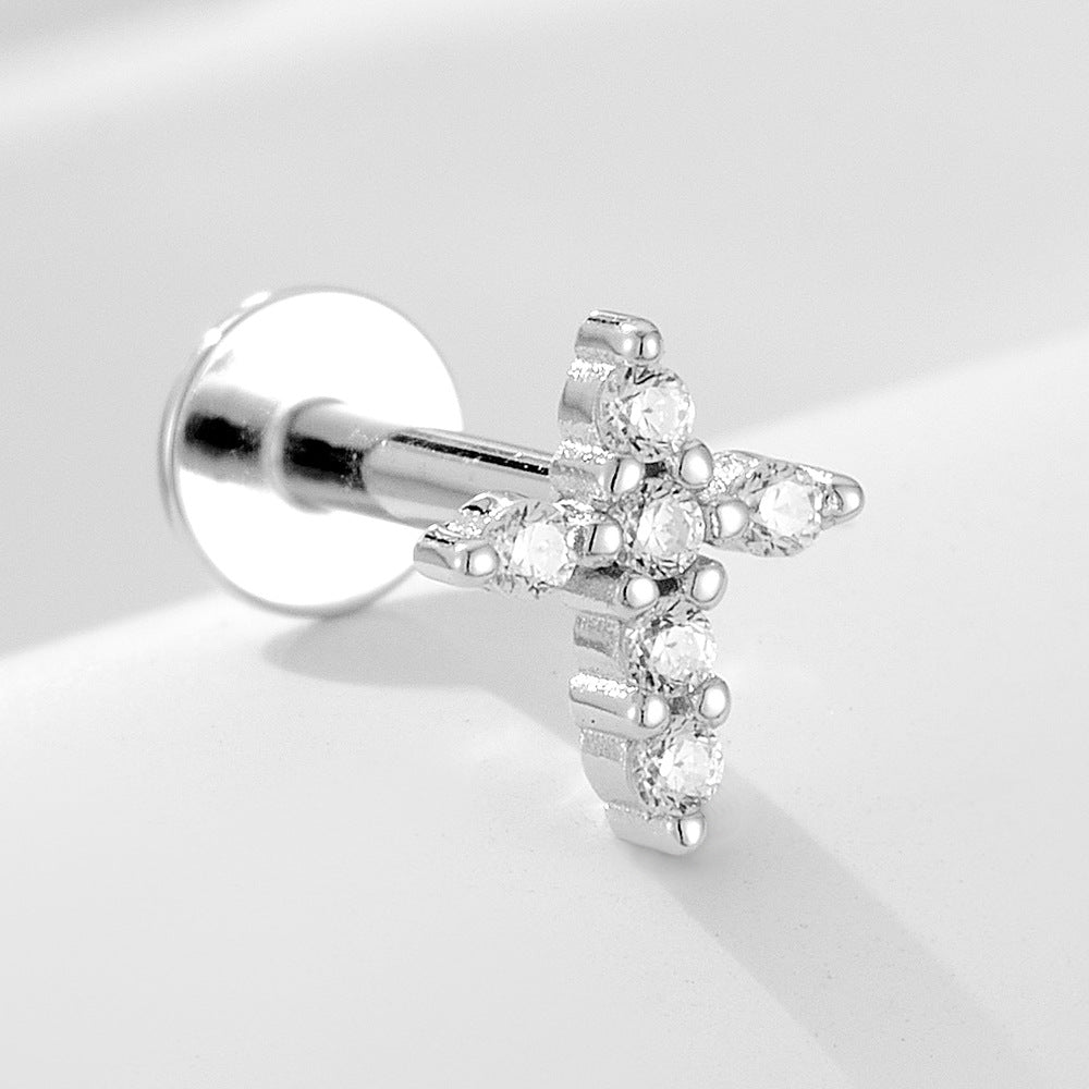 925 Sterling Silver Geometric Opal Labret Stud, Threaded Cartilage Piercing High-End Trendy Jewelry